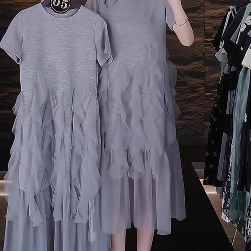 大码遮肚子减龄网纱拼接连衣裙