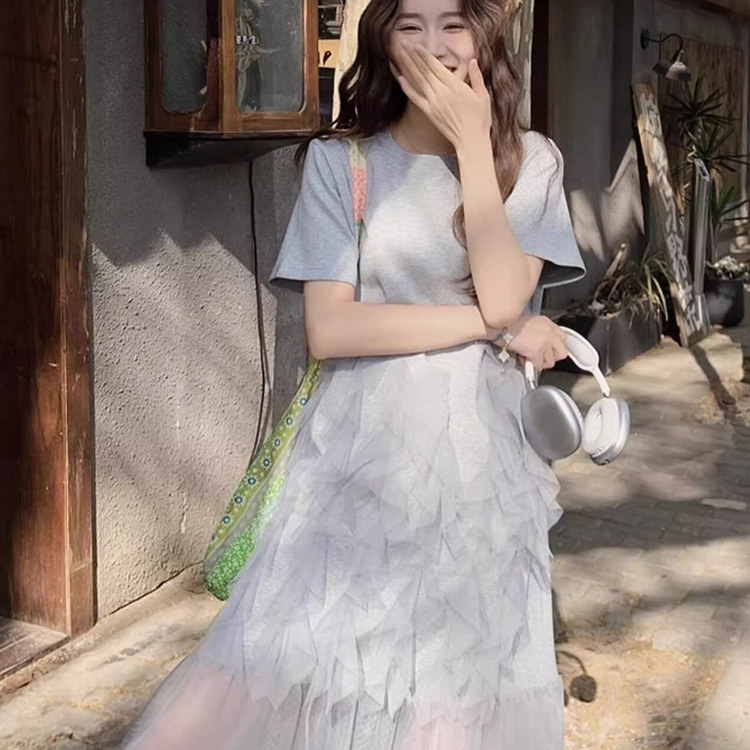 不规则网纱短袖T恤裙夏季新款小众韩版胖mm中长款时尚网纱连衣裙