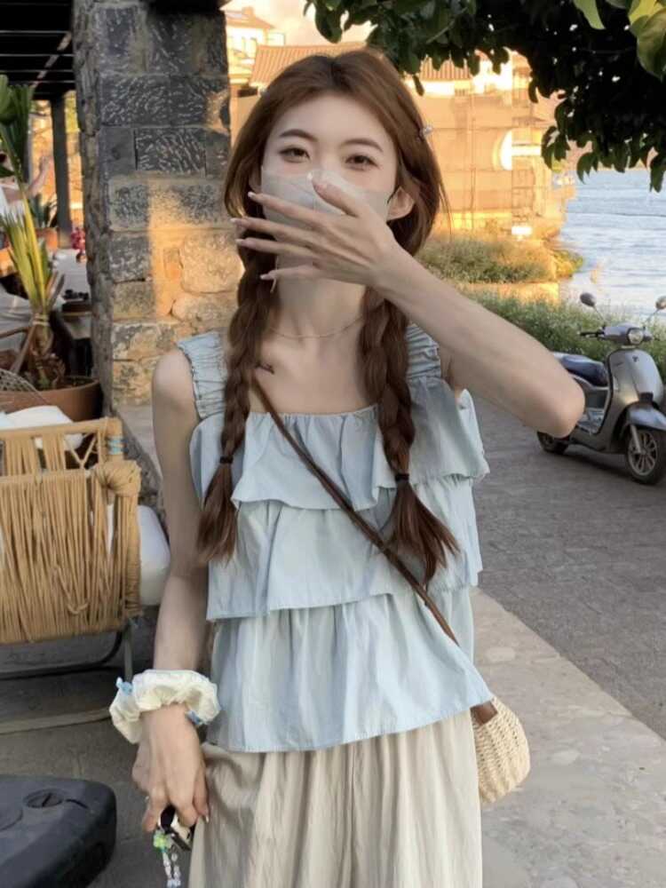多巴胺法式荷叶边吊带背心女夏季2024新款设计感小众外穿无袖上衣