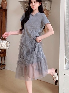 灰色网纱拼接连衣裙女夏季2025新款小众不撞款独特漂亮休闲T恤裙