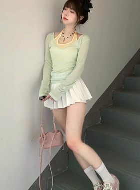 薄荷绿色罩衫薄纱多巴胺上衣女吊带两件套装网纱夏日轻薄防晒长袖