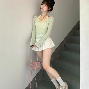 网纱夏日轻薄防晒长袖 薄荷绿色罩衫 薄纱多巴胺上衣女吊带两件套装