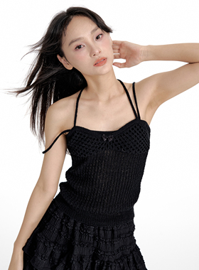 Life naive镂空针织吊带挂脖背心外穿黑色美式小众上衣蝴蝶结