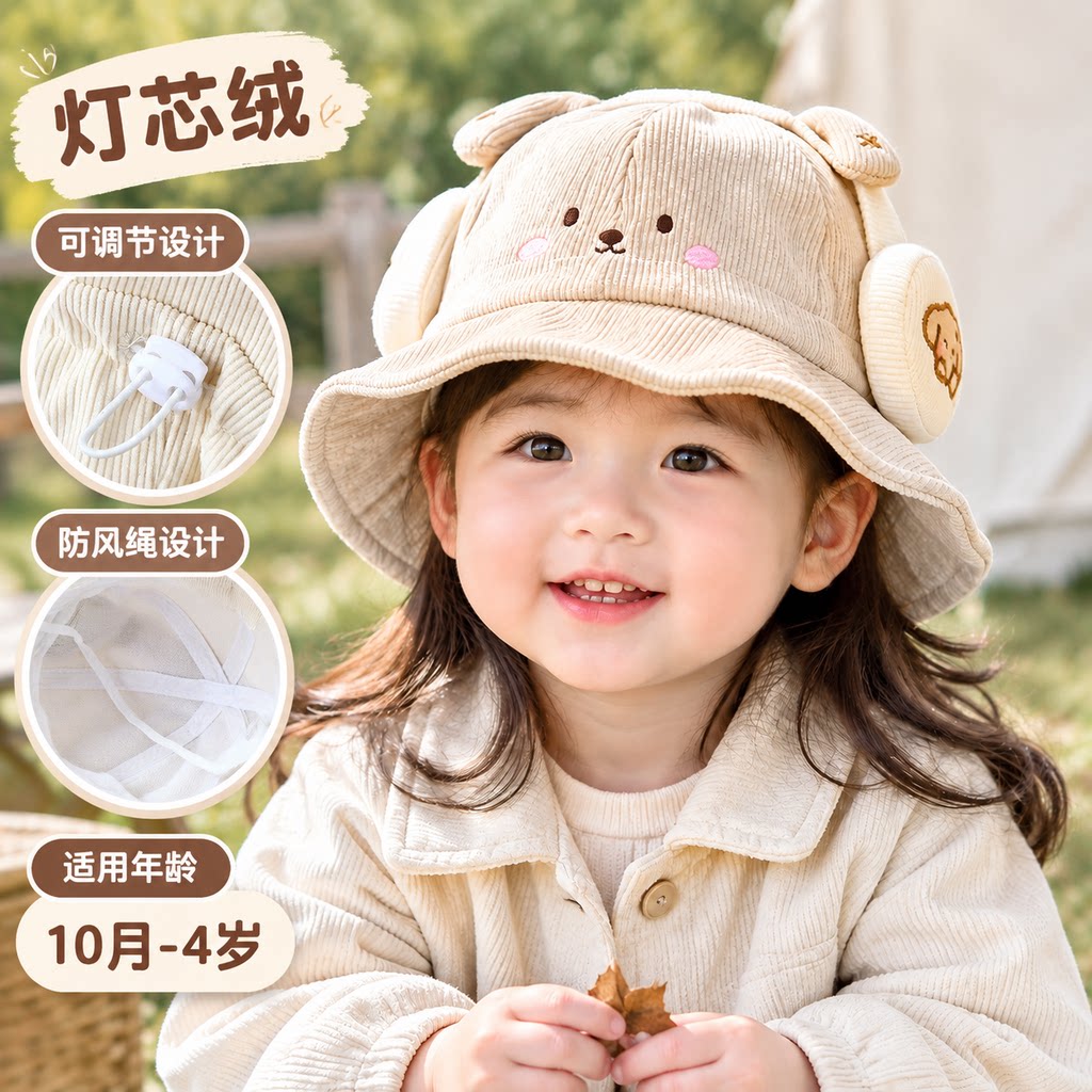 婴儿帽子秋冬季宝宝灯芯绒渔夫帽