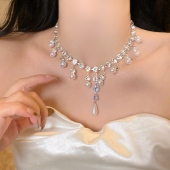 「宴会时刻」轻奢珍珠水滴锆石项链女流苏锁骨链闪钻颈链
