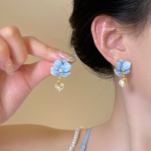 「蓝调时刻」蓝色花朵耳环耳钉女小众高级气质耳饰无耳洞耳夹女