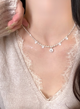 碎银子珍珠锆石精致吊坠项链