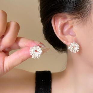 「霜花」法式气质锆石珍珠太阳花耳饰蚊香盘耳夹无耳洞独特耳钉女