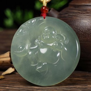 天然岫玉佛公挂件浅绿色玉牌挂件弥勒佛腰坠男女大气玉石玉项链坠