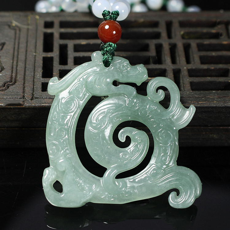 天然翡翠A货玉冰种仿古龙吊坠挂件玉挂坠项坠镂空双面玉佩送证书