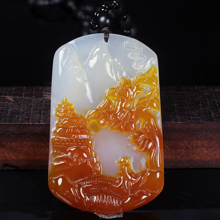 天然俏色玛瑙山水风景玉挂件送证