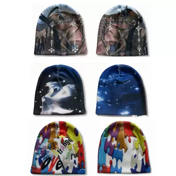 Dreamy Graffiti Retro Dark Starry Sky Healing Print Warm Trendy Niche Artistic Autumn and Winter Beanie Knit Hat