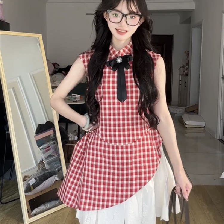 学院风红色格纹蛋糕蓬蓬连衣裙女生日裙子甜美气质收腰显瘦背心裙