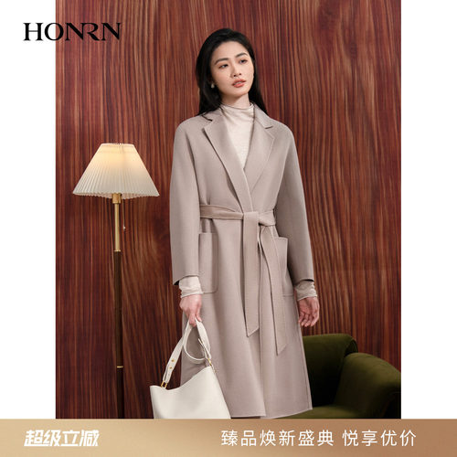 HONRN/红人系带桑蚕丝羊毛呢大衣