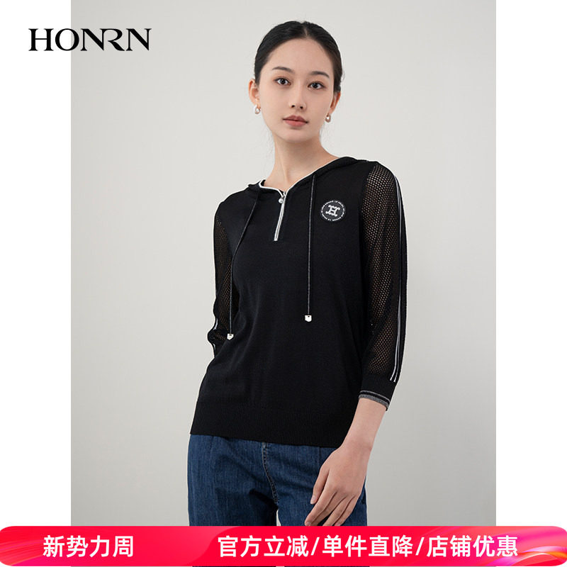 HONRN/红人黑色修身长袖带帽连帽镂空针织衫上衣女春秋HH11OM669