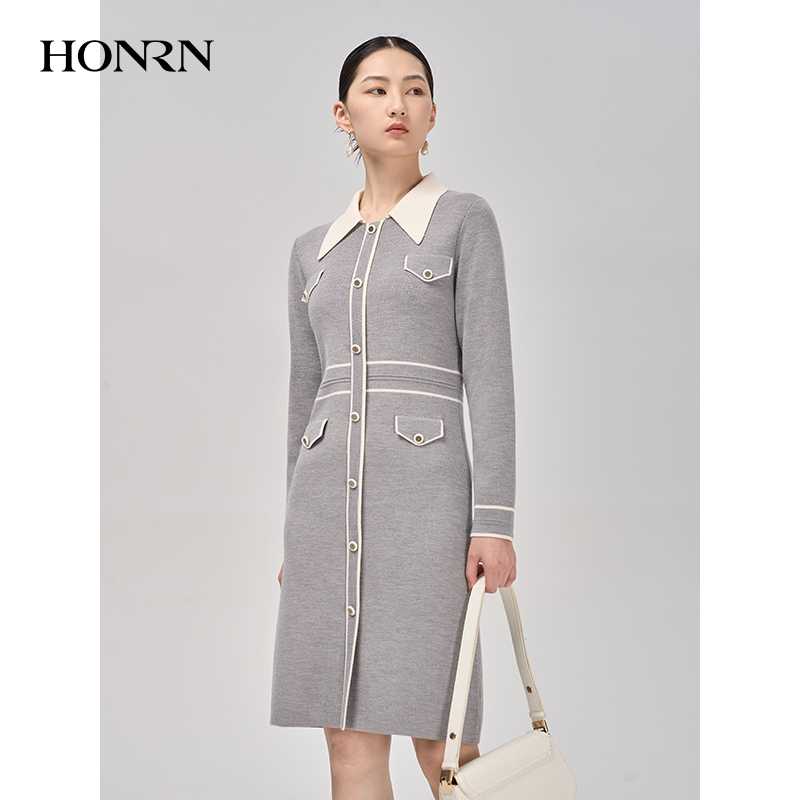 HONRN/红人秋冬款气质修身显瘦长袖羊毛衣针织连衣裙女HI59OM032