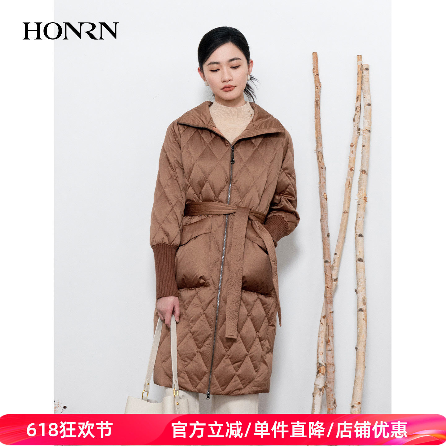 HONRN/红人宽松立领系带白鹅绒羽绒服外套女中长款冬季HI55YR458