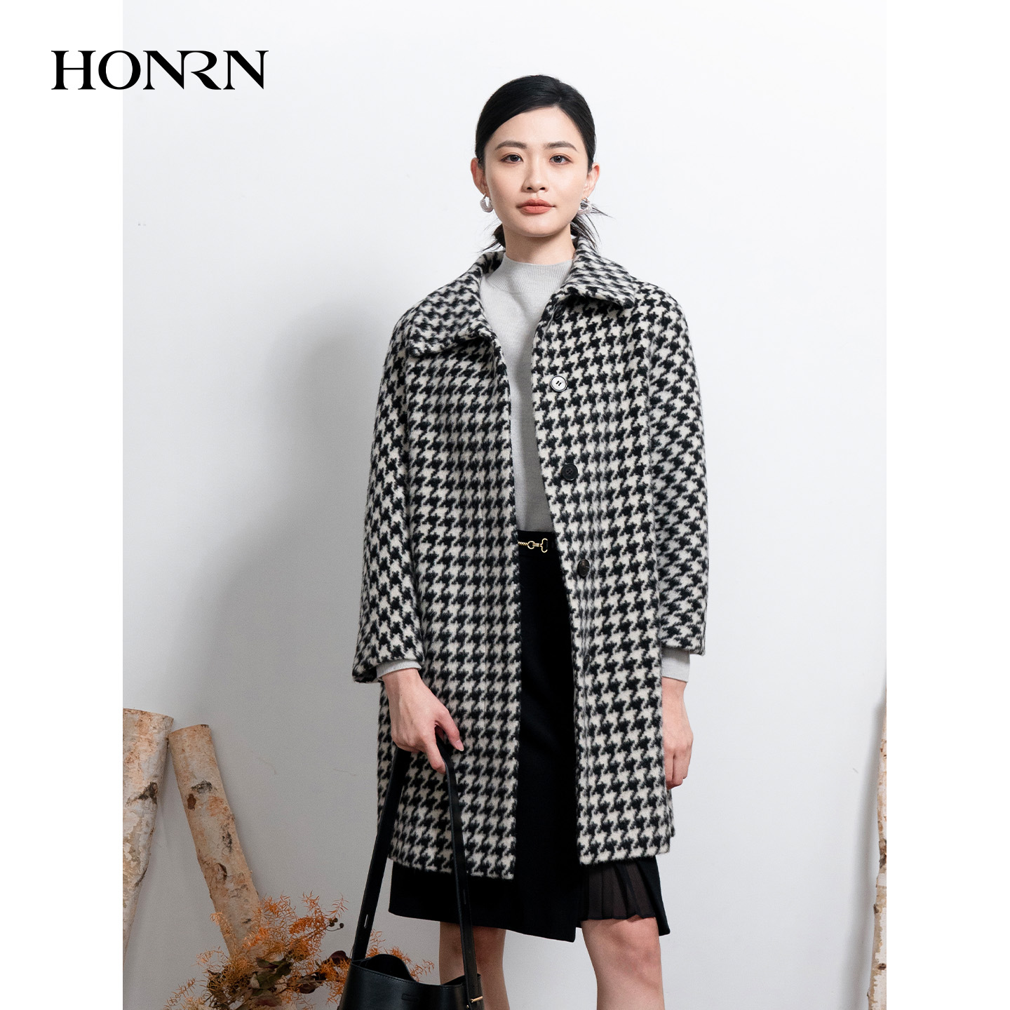 HONRN/红人千鸟格羊驼毛羊毛大衣