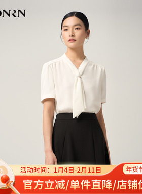HONRN/红人白色气质飘带v领设计感女士短袖衬衫上衣夏季HJ22SY940
