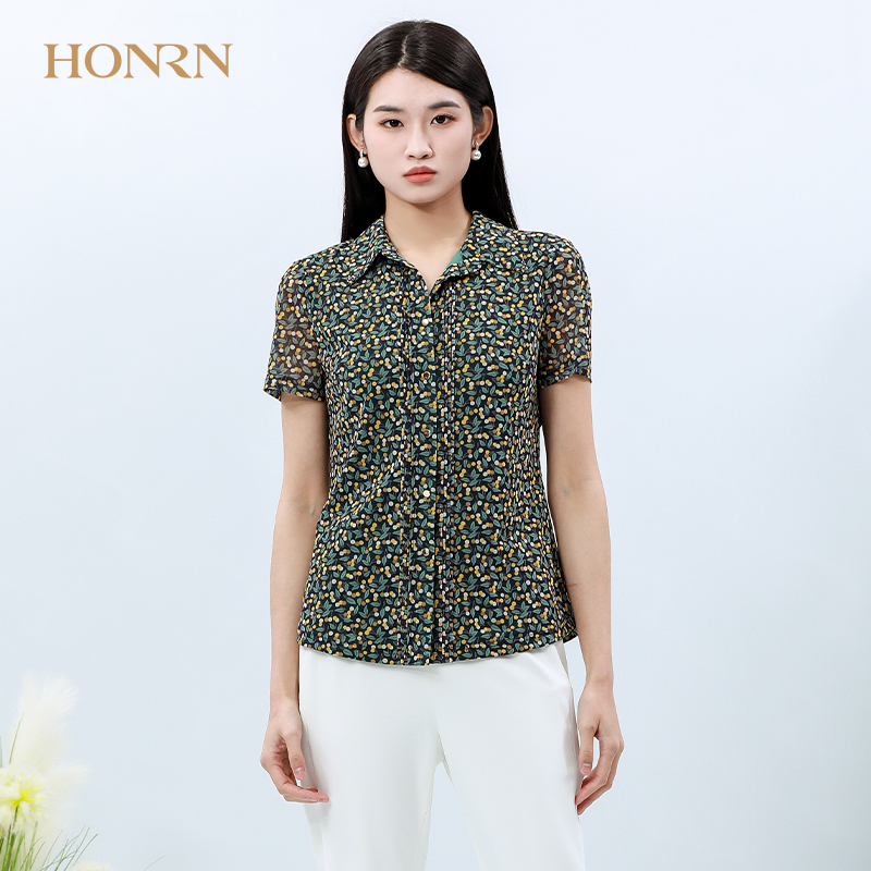 HONRN/红人休闲针织衫开衫修身碎花印花短袖薄款衬衫上衣女夏款