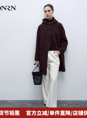 HONRN/红人极简风羊毛连帽外套中长款宽松纽扣大衣秋冬HK55OD735