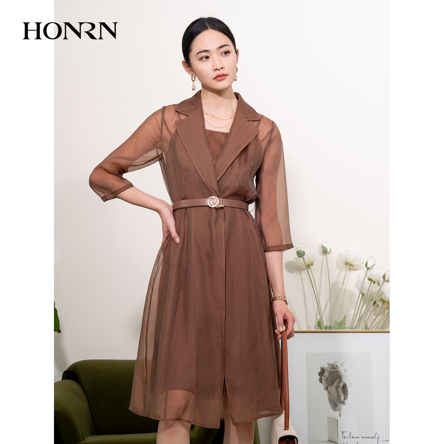 HONRN/红人气质西装领系腰带收腰吊带连衣裙两件套女夏HI22OL860
