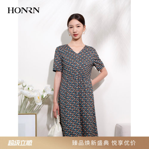 HONRN/红人印花v领短袖连衣裙