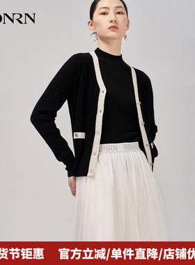 HONRN/红人秋季黑色长袖v领羊毛衣针织衫上衣外套女开衫HI39OM006