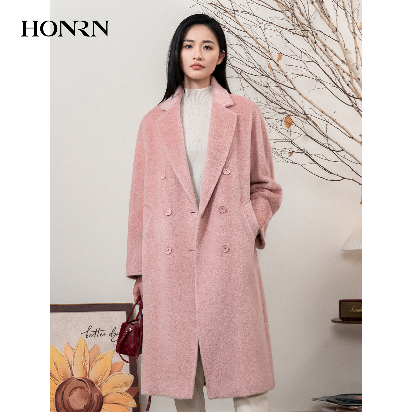HONRN/红人粉色羊驼毛羊毛呢大衣