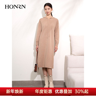 上衣女春秋款 HONRN 连帽羊毛衣针织衫 宽松长款 HI11OM544 红人时尚