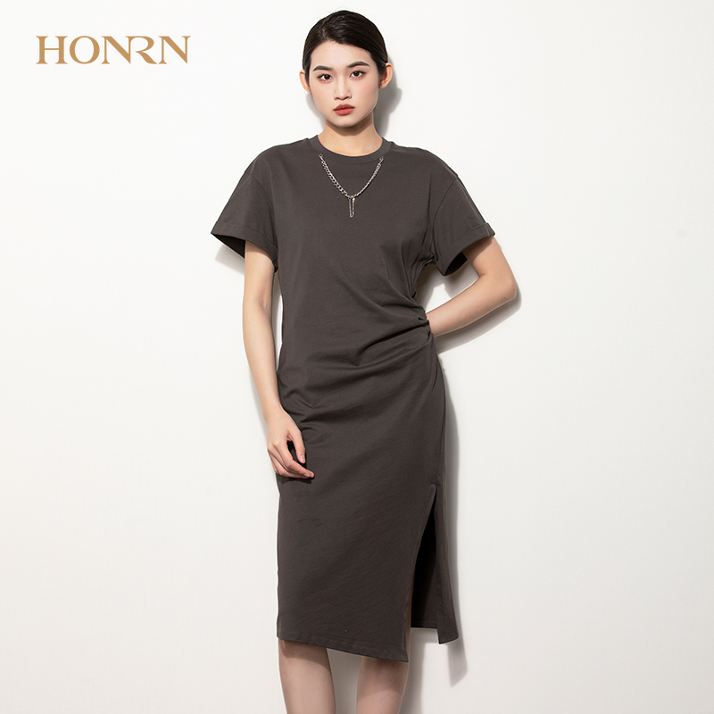 HONRN/红人休闲气质洋气修身显瘦裙子收腰中长款t恤连衣裙女夏季