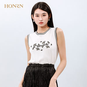 HONRN/红人白色修身显瘦无袖绣花打底针织背心上衣女内搭外穿夏季