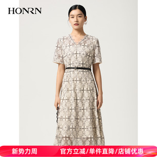 HONRN V领收腰A字蕾丝连衣裙通勤优雅气质显瘦HJ22OL059 红人夏季