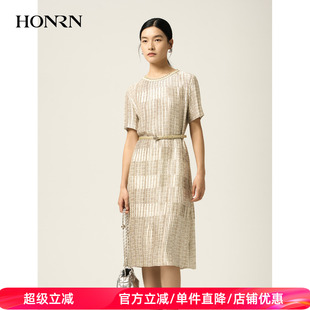 HONRN/红人圆领修身收腰显瘦短袖直筒裙连衣裙女春秋HJ11OL432