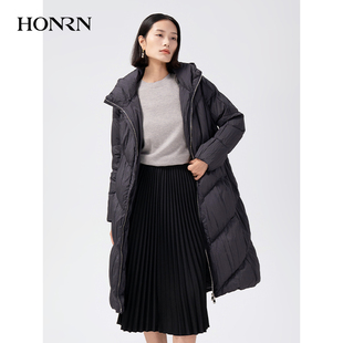 HONRN 连帽立领白鹅绒羽绒服外套女冬季 隐藏式 红人长款 HG55YR246