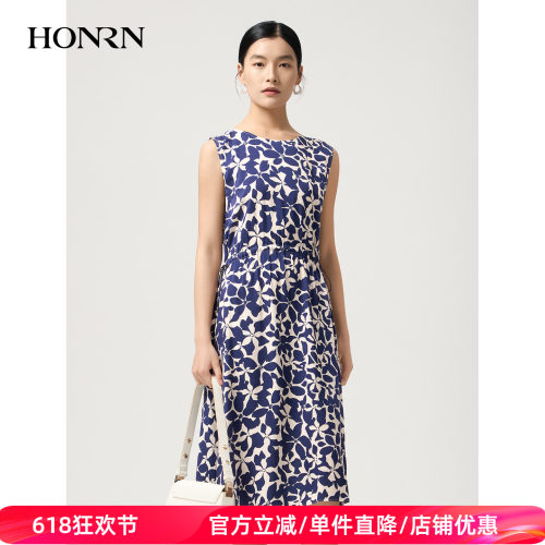HONRN/红人收腰印花无袖连衣裙