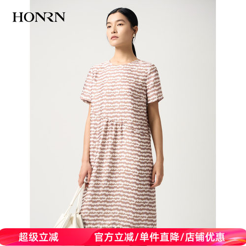 红人夏季优雅印花圆领短袖连衣裙