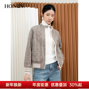 HONRN 双面穿棉衣棉服外套女冬HI55MA559 红人休闲显瘦格纹短款