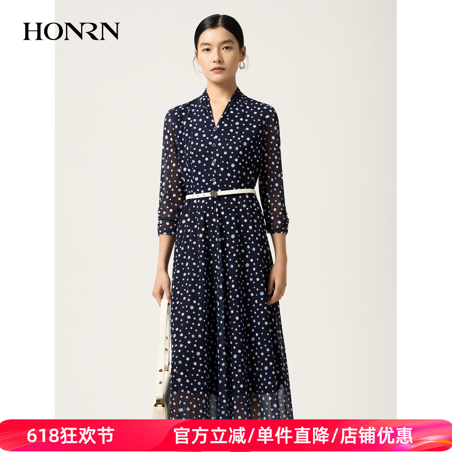 HONRN/红人V领波点连衣裙女春秋收腰显瘦气质A字中长裙 HJ11OL300