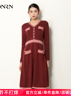 HONRN/红人春秋季红色长袖遮肚子减龄显瘦针织连衣裙女HH11OL623