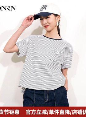 HONRN/红人宽松圆领套头短袖棉质休闲T恤条纹上衣女夏款HI22SY544