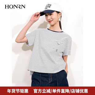 HONRN/红人宽松圆领套头短袖棉质休闲T恤条纹上衣女夏款HI22SY544