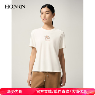 HONRN T恤上衣女春秋HJ11OT388 红人休闲风白色圆领套头绣花短袖