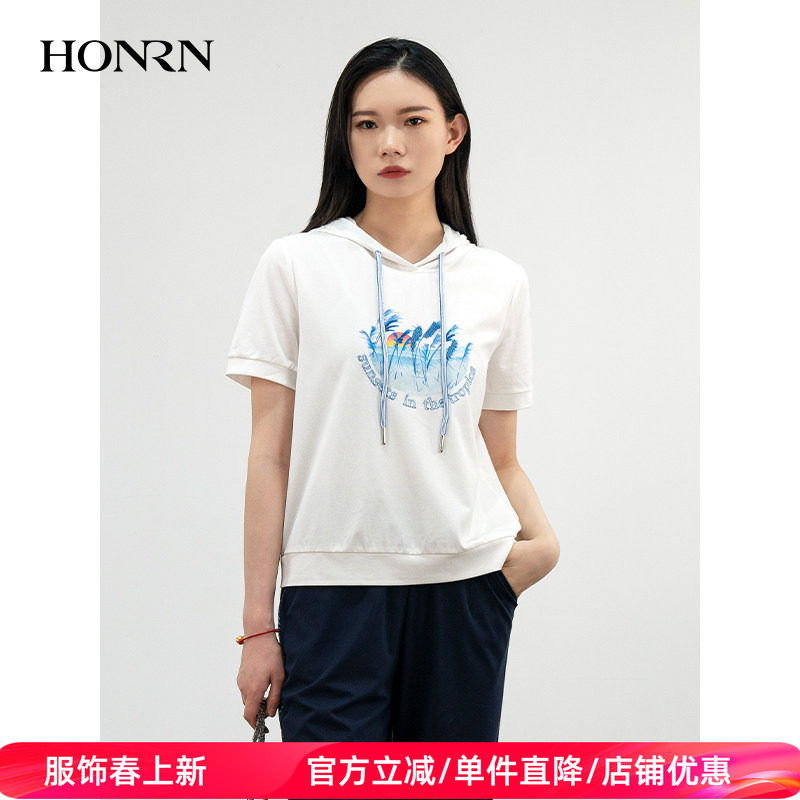 HONRN/红人休闲宽松显瘦薄款白色连帽短袖女t恤上衣夏HK29OT003