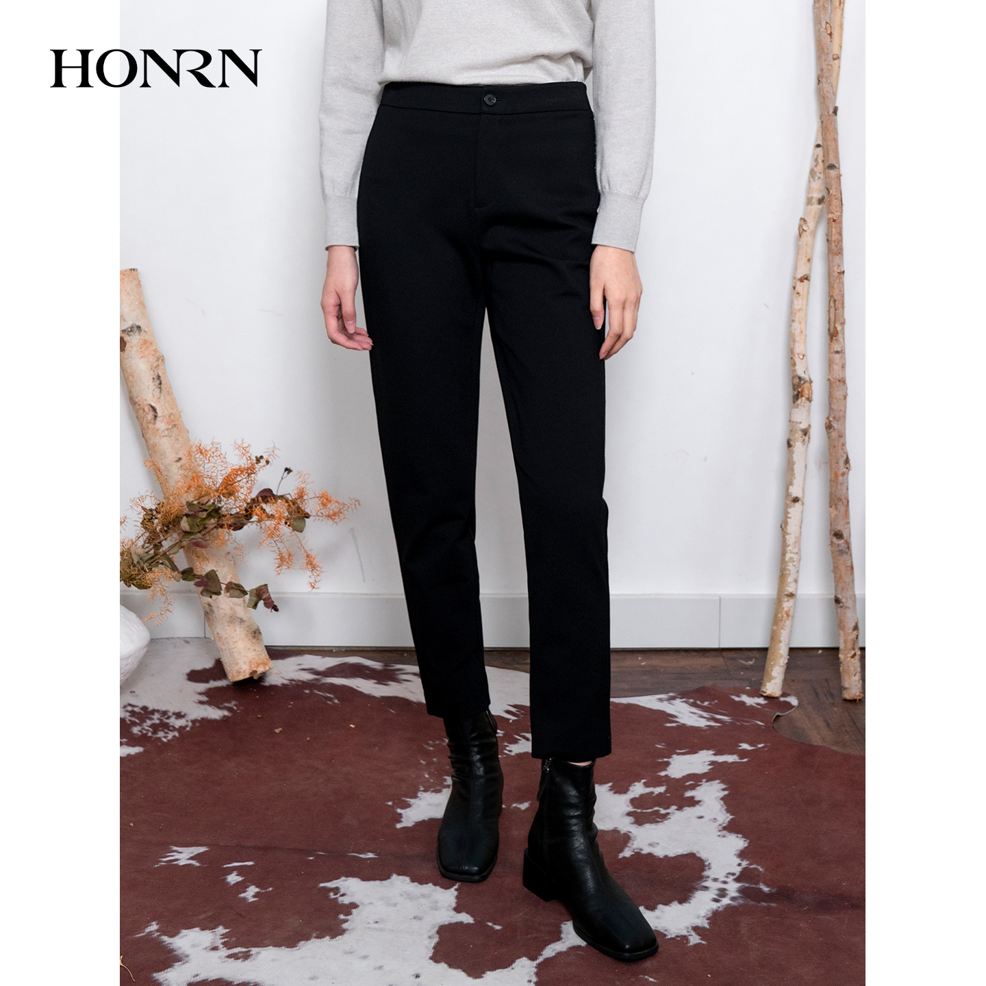 HONRN/红人黑色显瘦直筒休闲裤