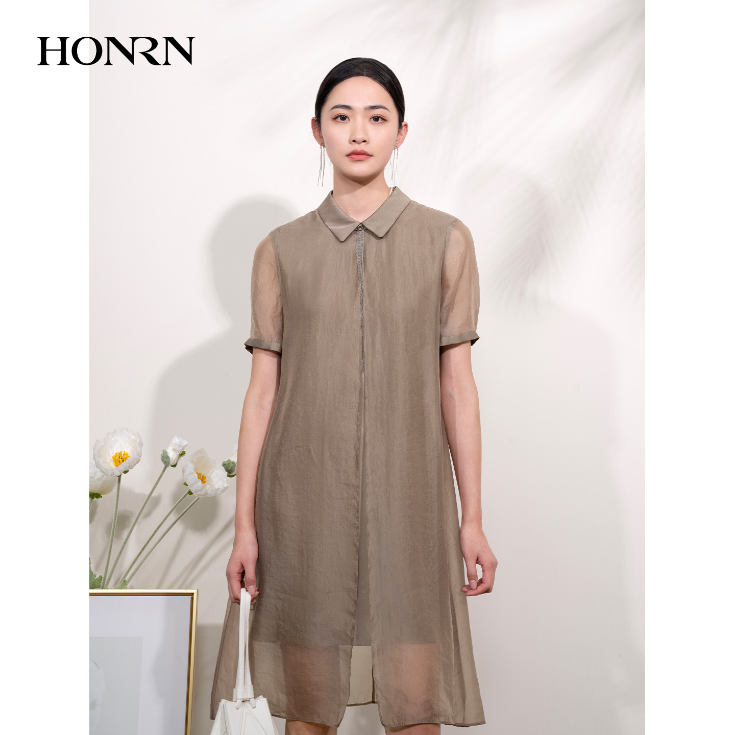 HONRN/红人优雅气质纯色薄款短袖遮肚显瘦a字连衣裙女夏HI22OL697