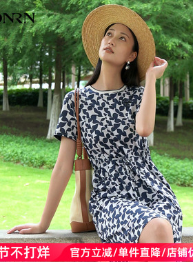 商场同款HONRN/红人优雅气质淑女直身收腰棉连衣裙女夏HL22OL247