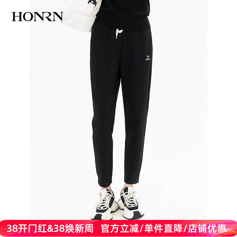 HONRN/红人黑色松紧系带收腰锥形束脚运动休闲裤女秋冬HH55OK161