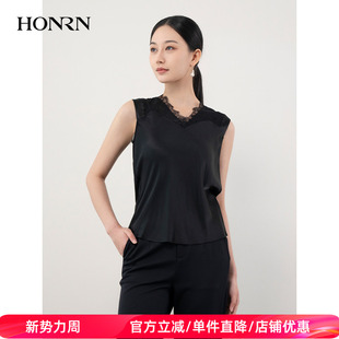 HONRN 显瘦打底背心上衣内搭女夏HH22OB775 红人黑色蕾丝拼接修身