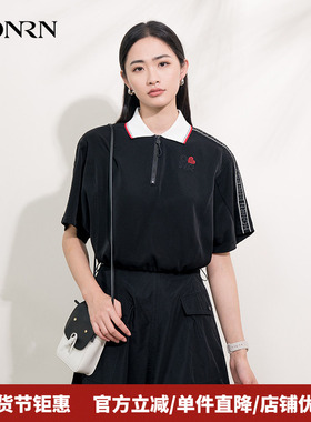 HONRN/红人休闲黑色宽松显瘦翻领短袖t恤上衣女夏季款HI22SY527